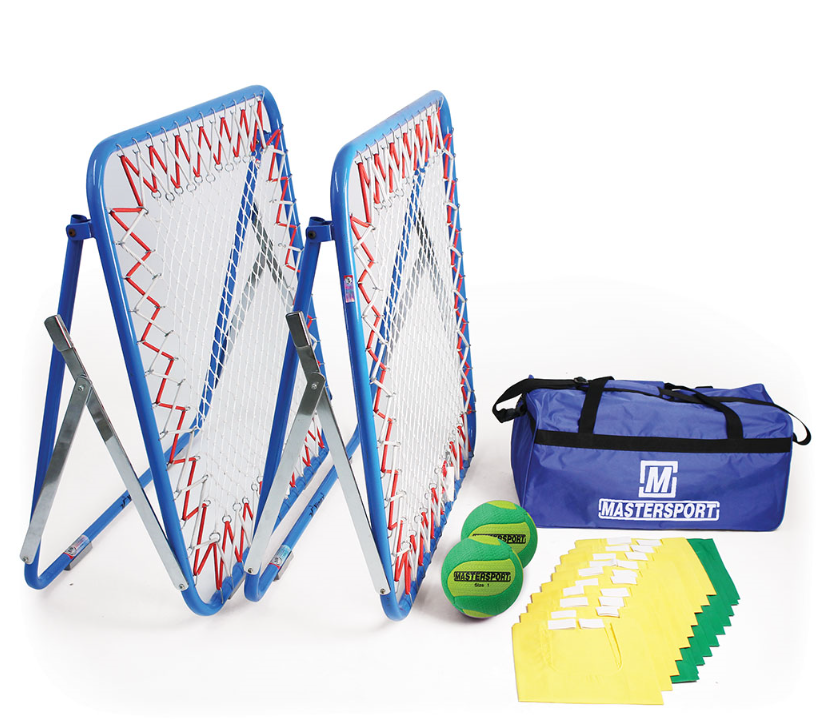 The Bishop Sports Tchoukball Games Set (Size 0) includes two blue-framed rebound nets, a blue duffel bag, two green balls, and yellow markers—all neatly arranged for a complete Tchoukball setup.