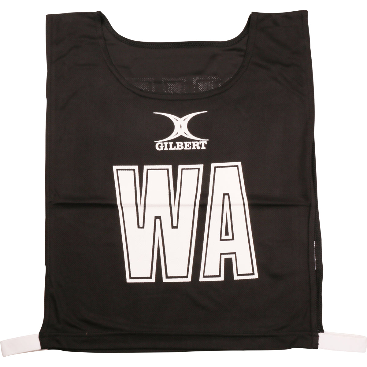 The Gilbert Netball Bibs in black feature large white WA letters, breathable polyester fabric, and the Gilbert logo above. This sleeveless design has white elastic side bands—perfect for any netball bib set.