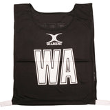 The Gilbert Netball Bibs in black feature large white WA letters, breathable polyester fabric, and the Gilbert logo above. This sleeveless design has white elastic side bands—perfect for any netball bib set.