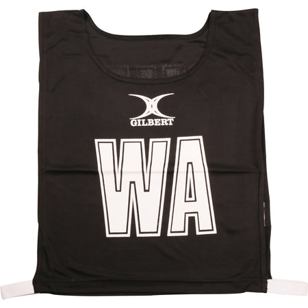 The Gilbert Netball Bibs in black feature large white WA letters, breathable polyester fabric, and the Gilbert logo above. This sleeveless design has white elastic side bands—perfect for any netball bib set.
