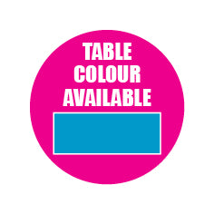 A bright pink circle with white text reading TABLE COLOUR AVAILABLE above a blue rectangle, perfect for highlighting the Butterfly Park Outdoor Table Tennis Table by Butterfly—an ideal weatherproof option for outdoor play.