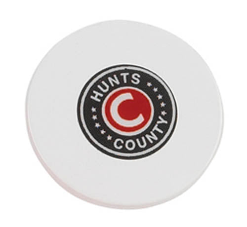 The Hunts County Bowlers Markers (Pair) are white round disks featuring a central circular logo with "Hunts County," a large red C, and small stars—ideal cricket training aids for improving bowling consistency.