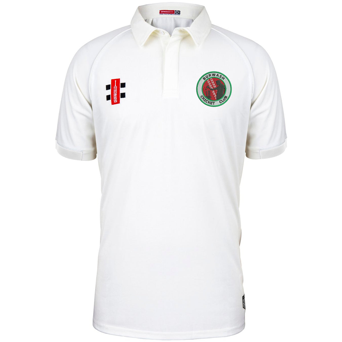 The Burwash CC Matrix V2 Short Sleeve Match Shirt by Martin Berrill Sports is a white polyester cricket shirt with a collar, featuring two embroidered logos—one circular green/red on the left chest and one rectangular red/black on the right.