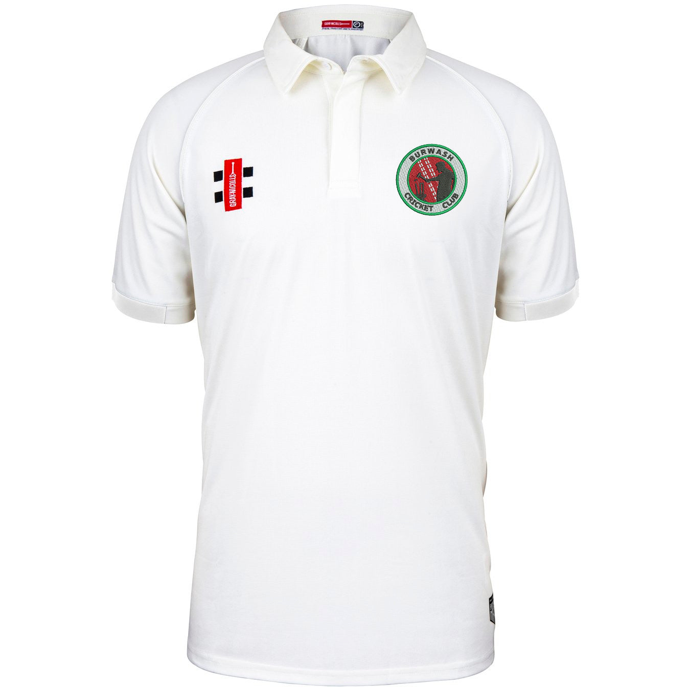 The Burwash CC Matrix V2 Short Sleeve Match Shirt by Martin Berrill Sports is a white polyester cricket shirt with a collar, featuring two embroidered logos—one circular green/red on the left chest and one rectangular red/black on the right.