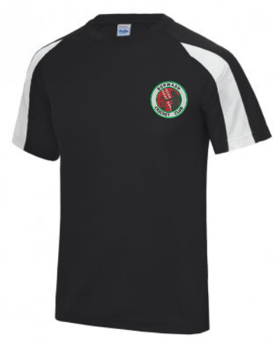 The Burwash CC Black/White T Shirt by Martin Berrill Sports is a black polyester sports top with UV protection, white shoulder panels, and a circular Harare Cricket Club logo featuring a red shield and green border on the left chest.
