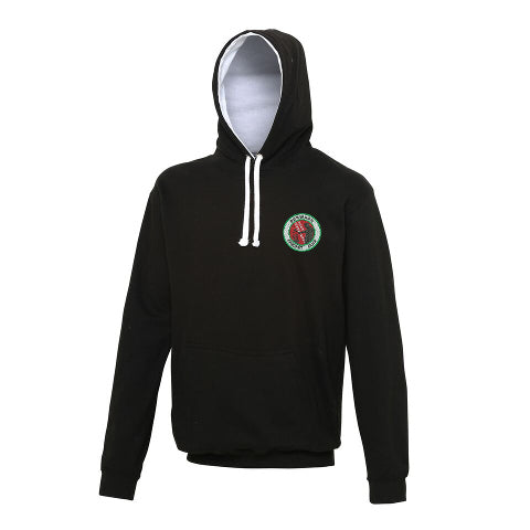 The Martin Berrill Sports Burwash CC Black/White Hoodie features white drawstrings, a double fabric hood lined in light gray, a kangaroo pouch pocket, and a small circular green and red emblem on the upper left chest.