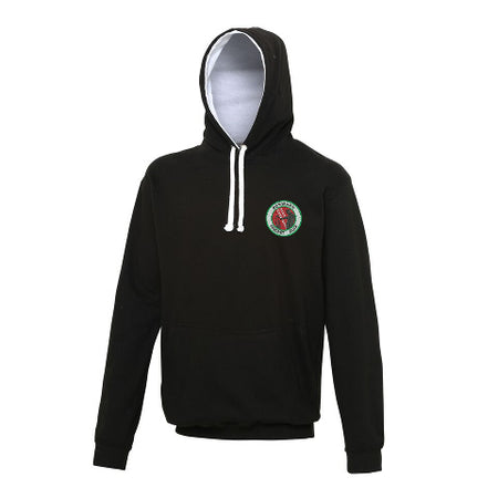 The Martin Berrill Sports Burwash CC Black/White Hoodie features white drawstrings, a double fabric hood lined in light gray, a kangaroo pouch pocket, and a small circular green and red emblem on the upper left chest.