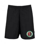 The Martin Berrill Sports Burwash CC Shorts are black athletic polyester shorts with an elastic waistband, moisture-wicking fabric, and the Norwich City Hockey Club logo in red and green on the lower left leg.