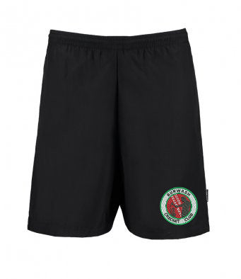 The Martin Berrill Sports Burwash CC Shorts are black athletic polyester shorts with an elastic waistband, moisture-wicking fabric, and the Norwich City Hockey Club logo in red and green on the lower left leg.
