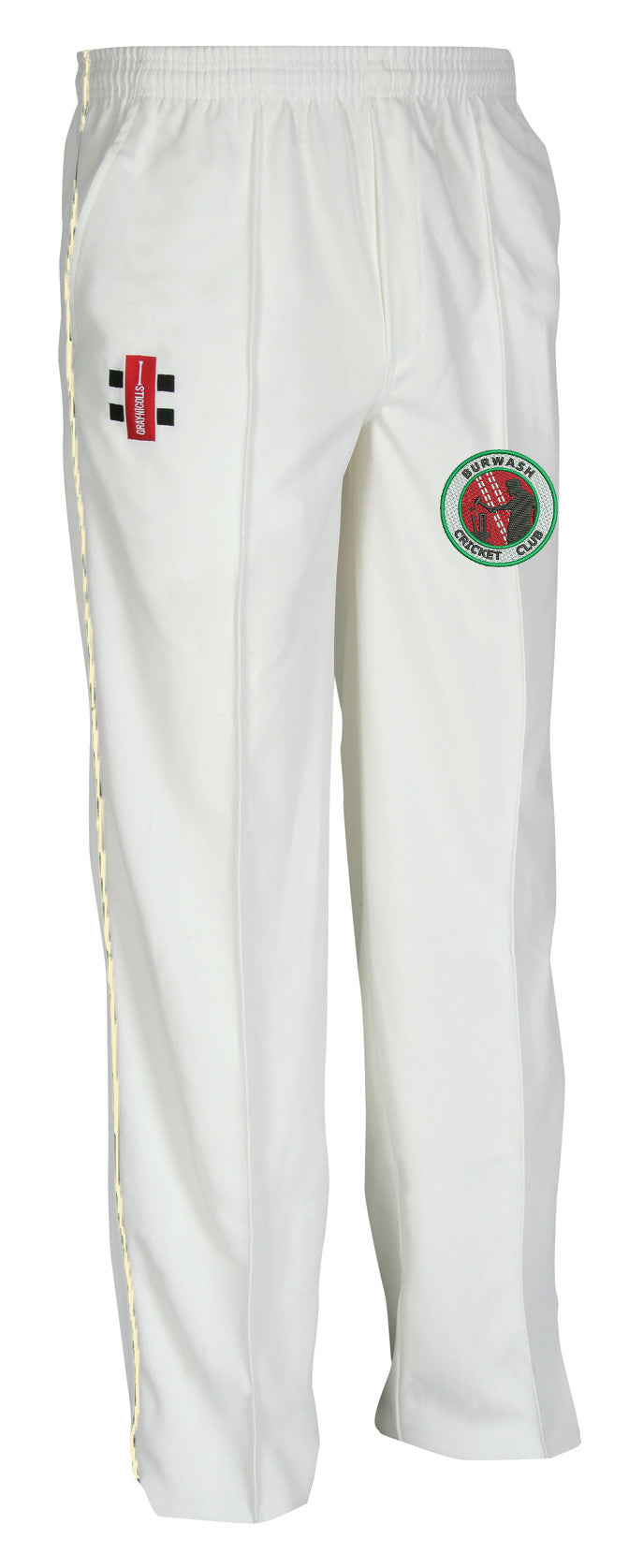 The Gray Nicolls Burwash CC Junior Matrix V2 Cricket Trouser features an elastic waistband, ergonomic design for comfort and moisture control, a red/black thigh patch, and a circular green/black/red team logo on the other leg.