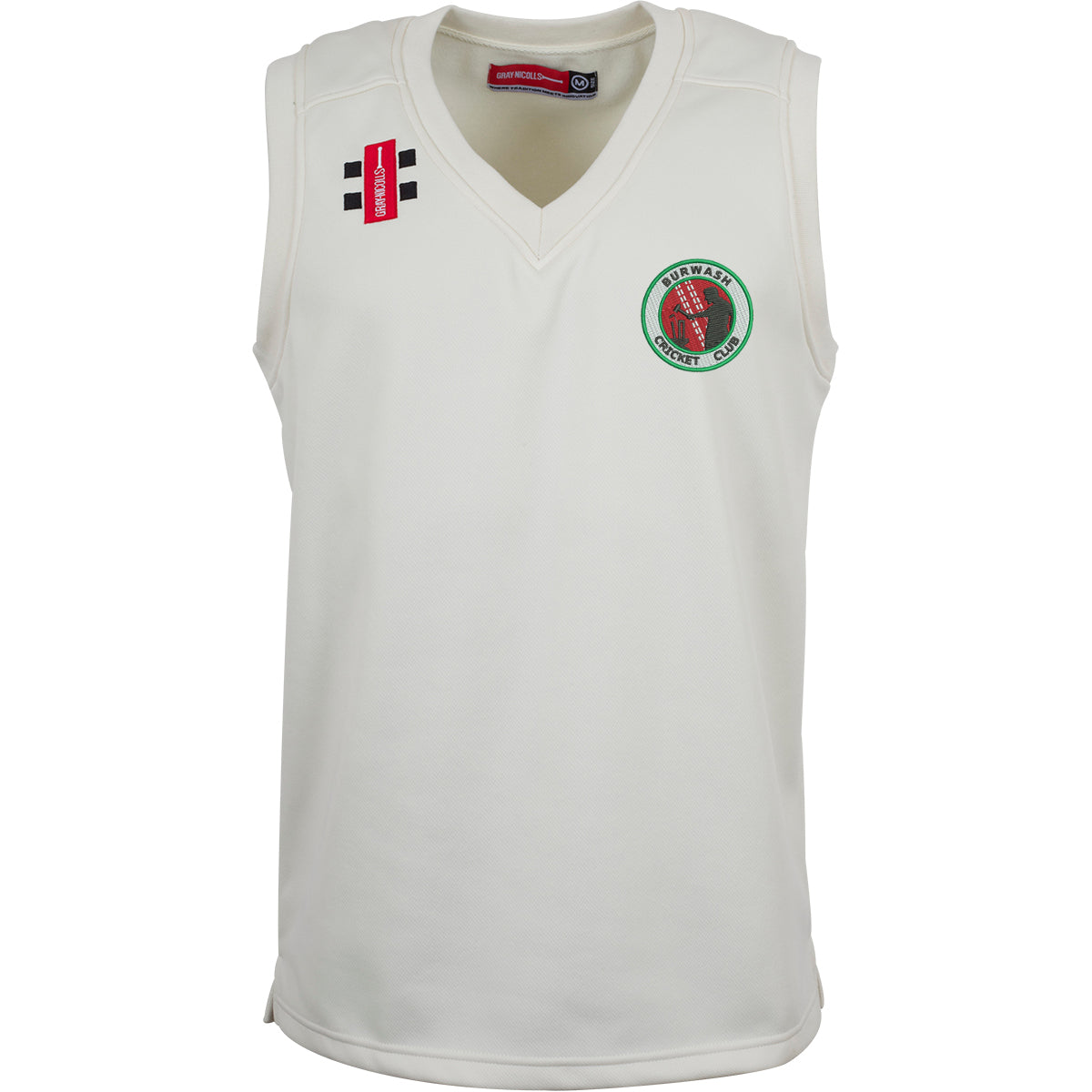 The Gray Nicolls Burwash CC Pro Performance Slipover is a sleeveless white V-neck cricket sweater with the club logo on the left chest and two small black and red rectangular patches on the right shoulder.