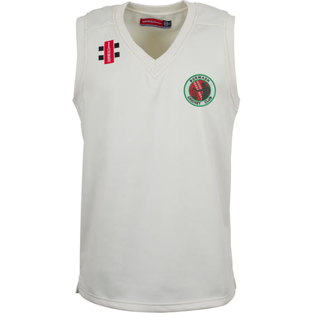 The Gray Nicolls Burwash CC Pro Performance Slipover is a sleeveless white V-neck cricket sweater with the club logo on the left chest and two small black and red rectangular patches on the right shoulder.