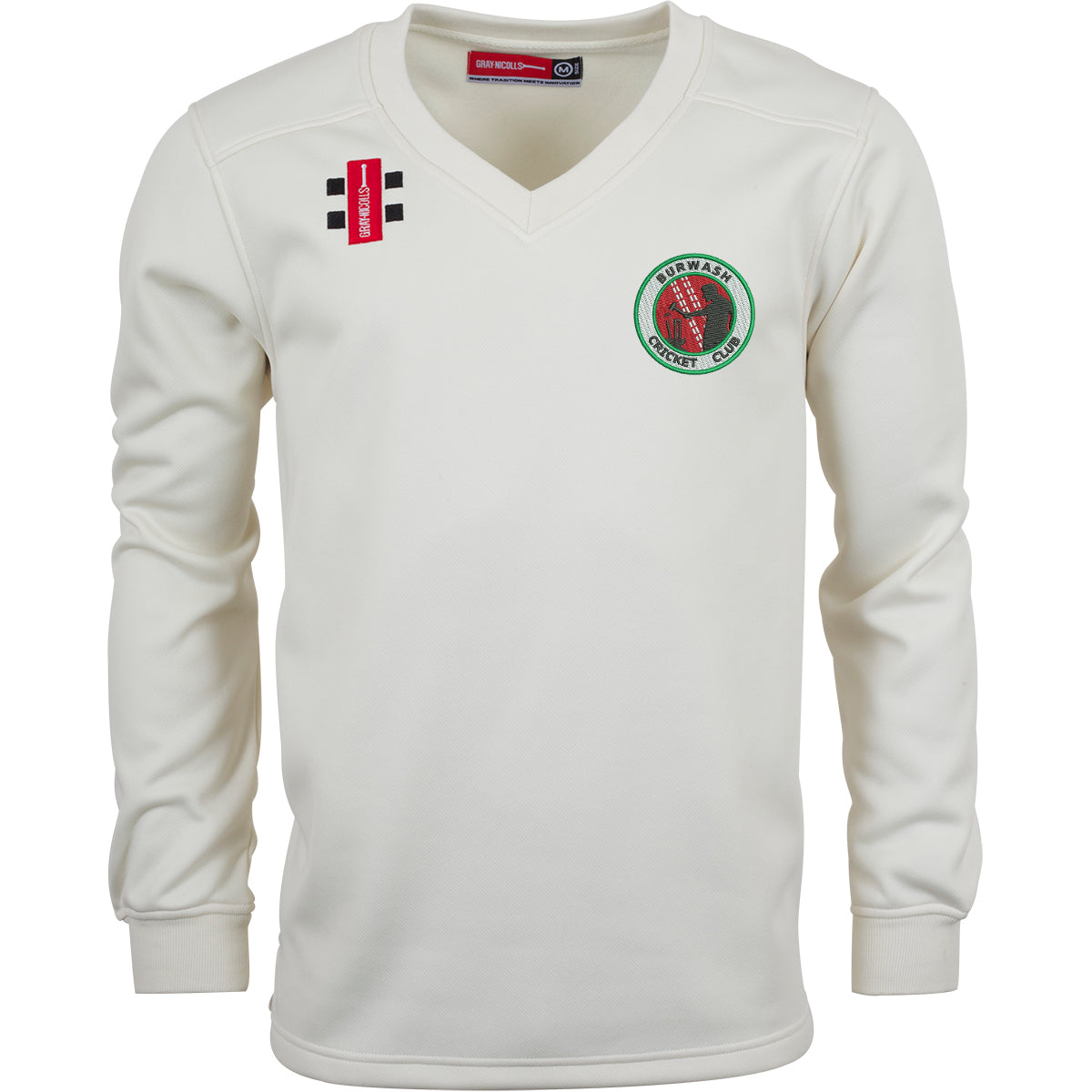 The Gray Nicolls Burwash CC Pro Performance Sweater is an off-white, long-sleeved V-neck design with a club crest on the left chest, black and red logos on the right chest, and ribbed cuffs and hem for comfort.