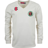 The Gray Nicolls Burwash CC Pro Performance Sweater is an off-white, long-sleeved V-neck design with a club crest on the left chest, black and red logos on the right chest, and ribbed cuffs and hem for comfort.