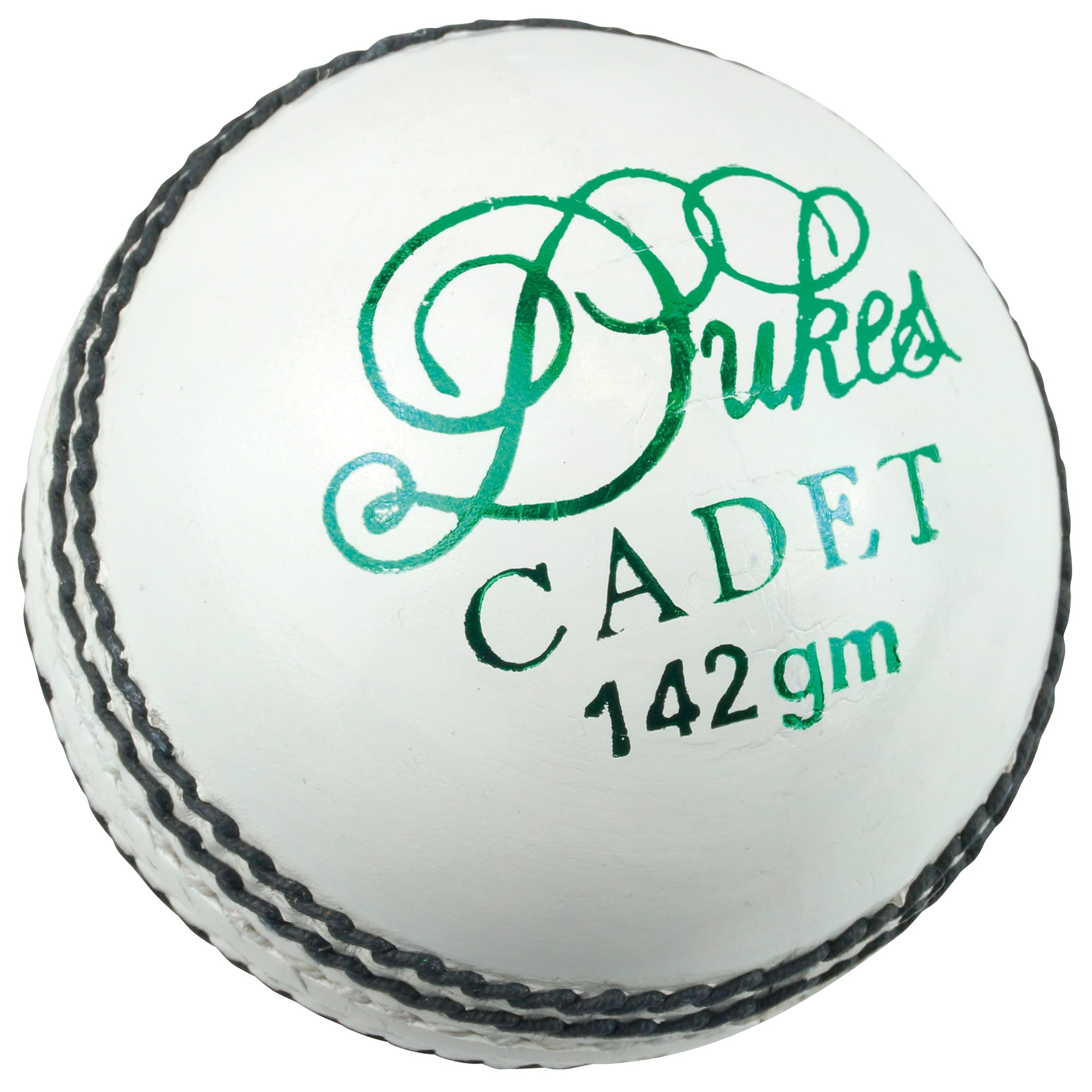 A white Dukes Cadet A Cricket Ball (Junior) featuring black stitching and green "Dukes Cadet" text, designed by the brand Dukes.