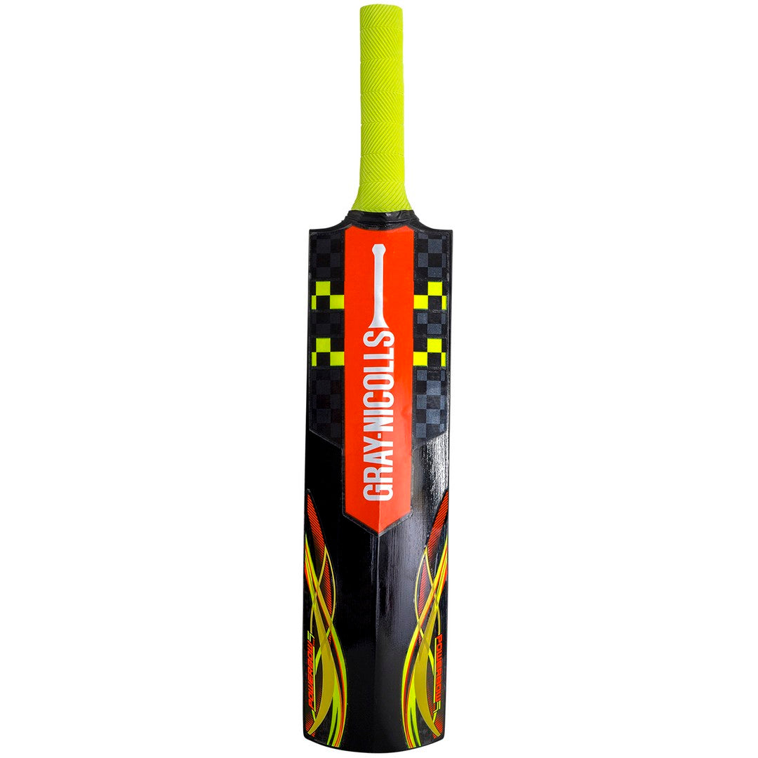 The Gray Nicolls Cloud Catcher Light Cricket Bat features bold black and yellow graphics, a neon yellow handle, and the Gray Nicolls logo on a red and black background—perfect as a lightweight coaching cricket bat.