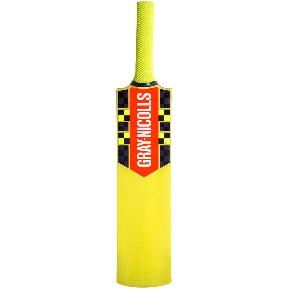 The Gray Nicolls Cloud Catcher Light Cricket Bat is a yellow, lightweight coaching bat with a textured grip, black and yellow checkered design, and a red and white Gray Nicolls logo—ideal for training sessions.