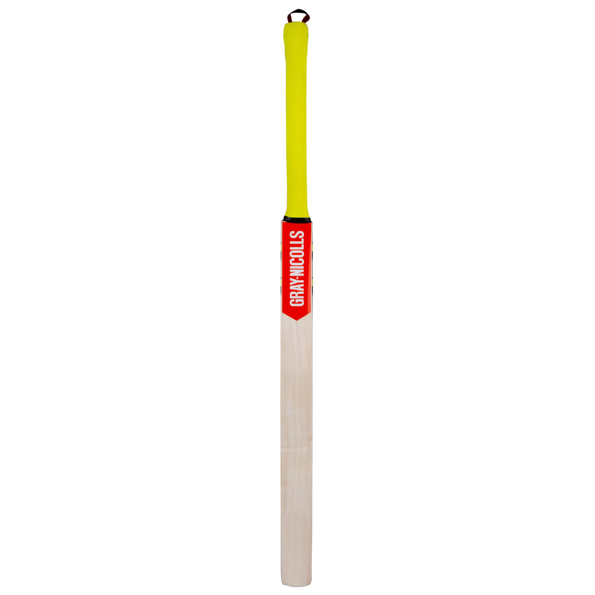 The Gray Nicolls Slimline Technique Cricket Bat, featuring a yellow handle, red logo label, and light wooden blade, stands upright against a white background.