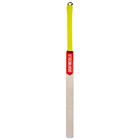 The Gray Nicolls Slimline Technique Cricket Bat, featuring a yellow handle, red logo label, and light wooden blade, stands upright against a white background.