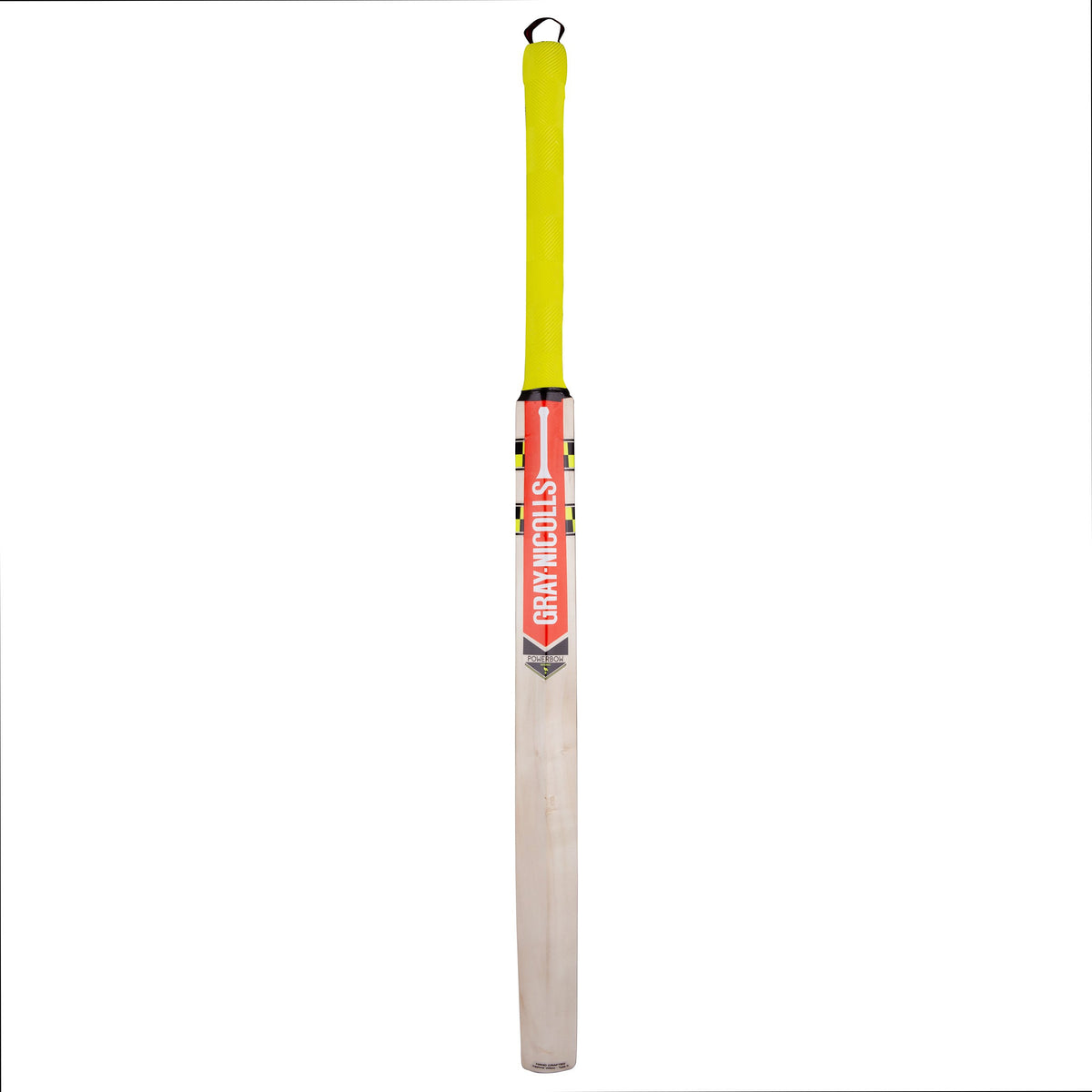 The Gray Nicolls Slimline Technique Cricket Bat is shown upright with a bright yellow handle, a red and white Gray Nicolls label on the blade, and a pale wooden lower half—perfect for cricket training.