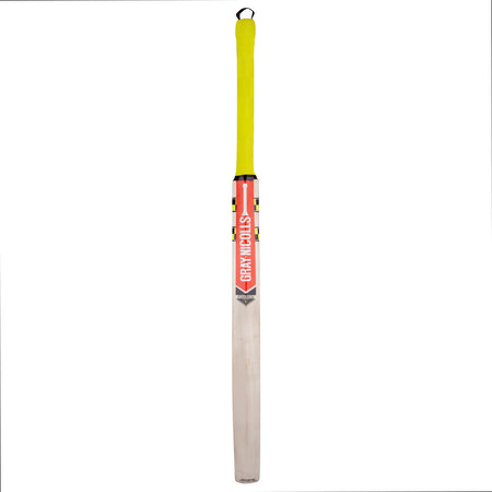 The Gray Nicolls Slimline Technique Cricket Bat is shown upright with a bright yellow handle, a red and white Gray Nicolls label on the blade, and a pale wooden lower half—perfect for cricket training.
