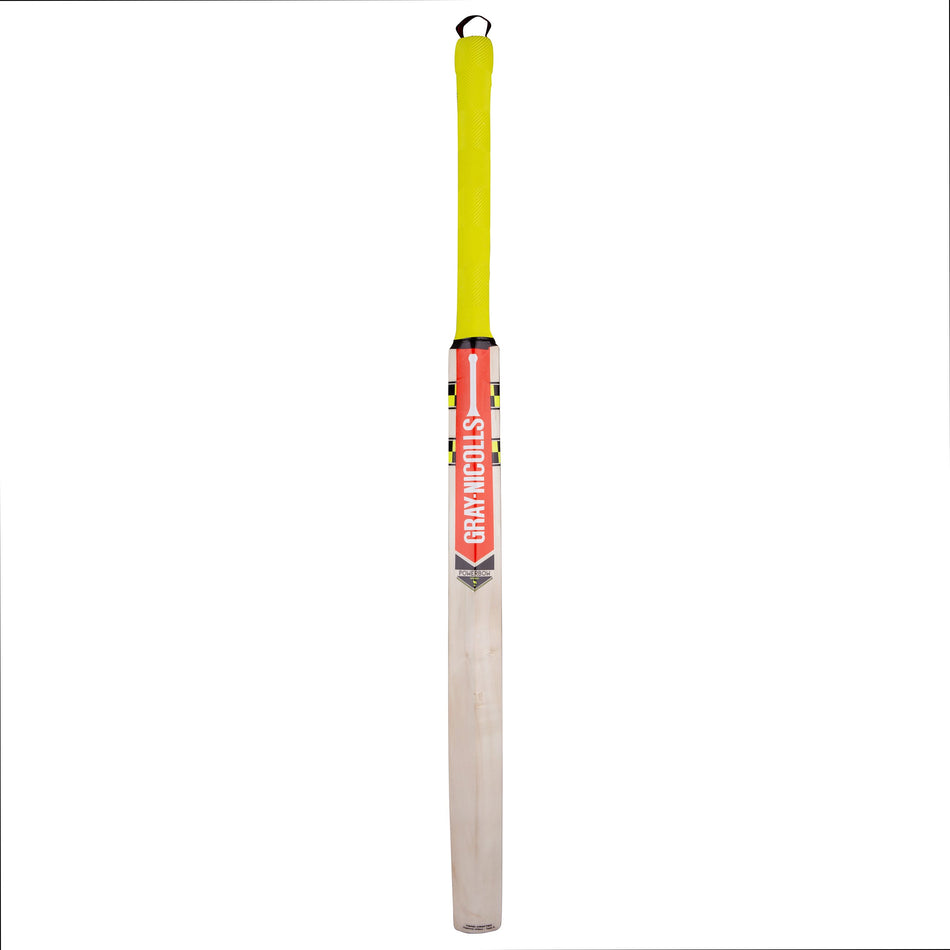 The Gray Nicolls Slimline Technique Cricket Bat is shown upright with a bright yellow handle, a red and white Gray Nicolls label on the blade, and a pale wooden lower half—perfect for cricket training.