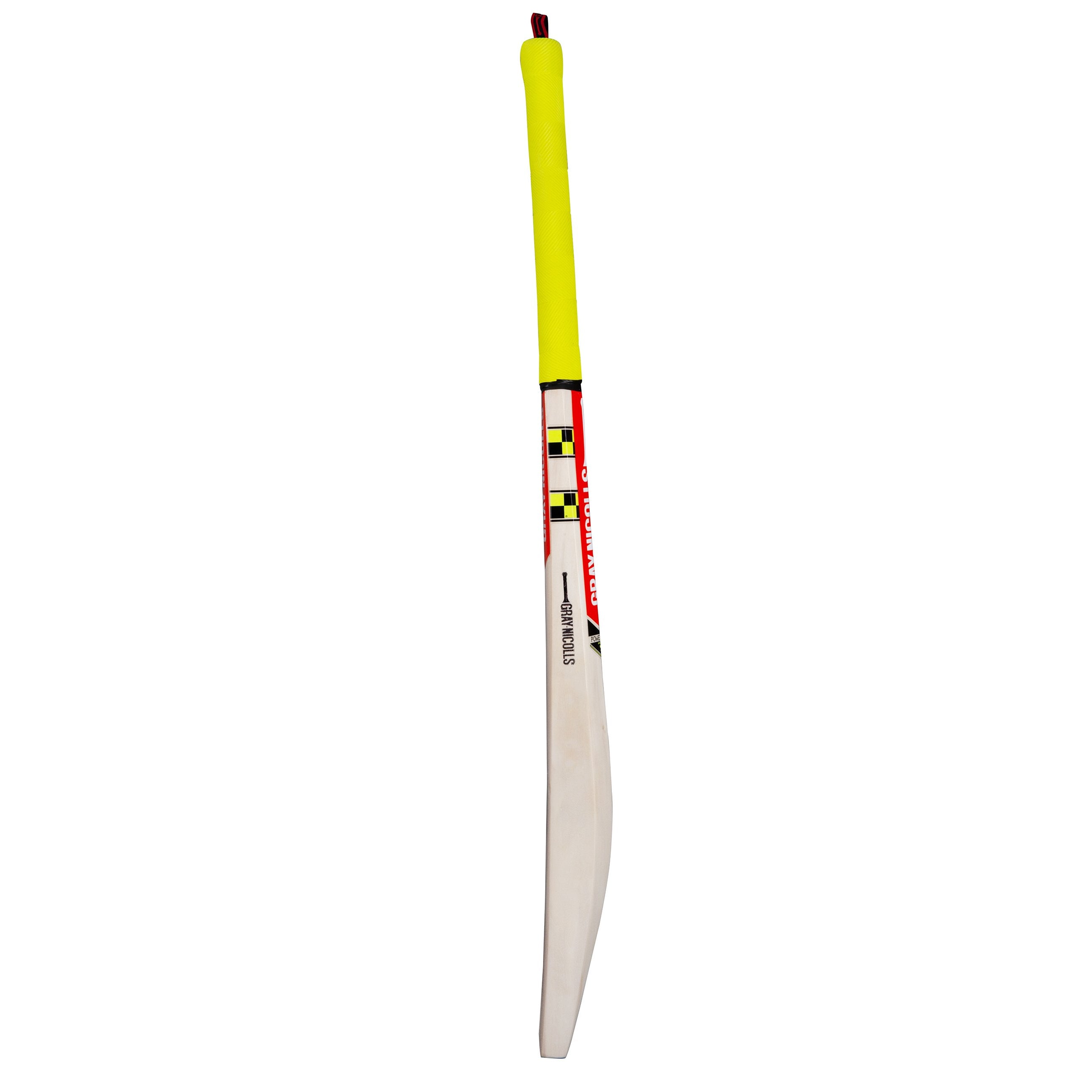 The Gray Nicolls Slimline Technique Cricket Bat features a light yellow handle, red and black accents on the upper shaft, and a smooth white blade, displayed against a plain white background.