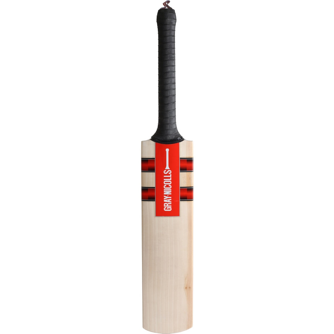 The Gray Nicolls Fielding Bat features a light-colored wooden blade, black textured handle, and a red label with black and white accents near the top.