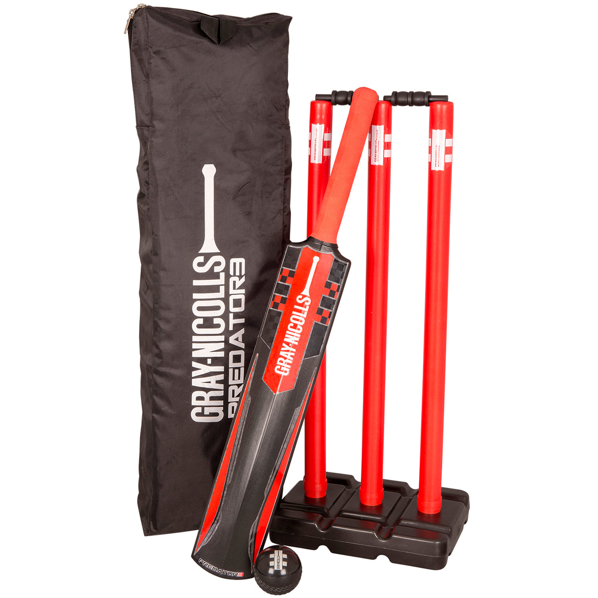 The Gray Nicolls Powerplay Beach Cricket Set includes a black and red bat, three red stumps with bails on black bases, a small black ball, and a branded carry bag—ideal for beach games and casual matches.