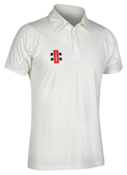 The Gray Nicolls Velocity Cricket Shirt is a white, short-sleeve collared shirt with a small Gray Nicolls logo on the left chest, designed for cricket with a tailored fit and moisture-wicking fabric for comfort.
