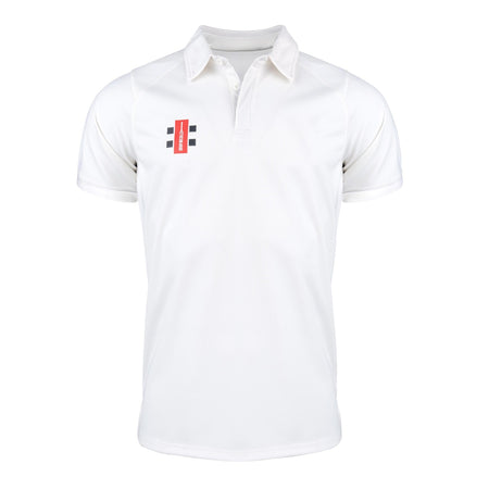 The Gray Nicolls Pro Performance V2 S/S Cricket Shirt is a slim fit white polo with short sleeves, a British collar, and a small red, black, and white rectangular logo on the left chest.