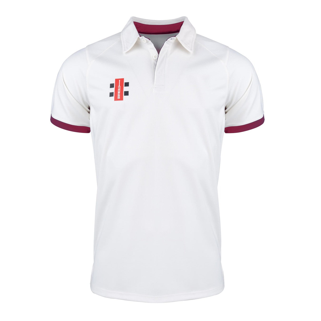 The Gray Nicolls Pro Performance V2 S/S Cricket Shirt is a white, slim fit shirt with short sleeves, a maroon collar and sleeve trim, and a small rectangular logo with black, white, and red elements on the left chest.
