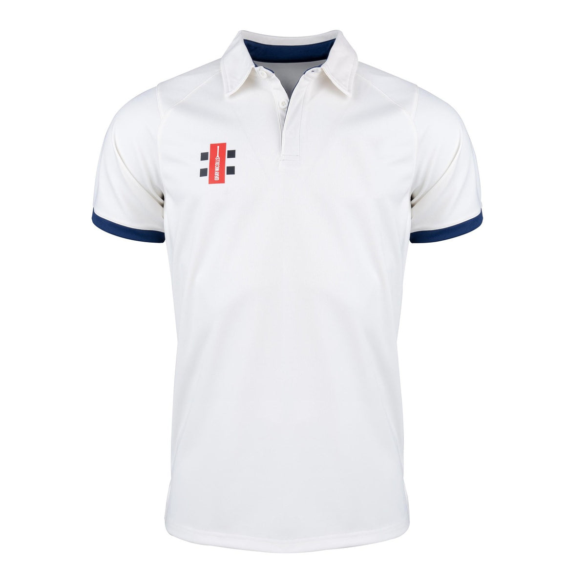 The Gray Nicolls Pro Performance V2 S/S Cricket Shirt is a white slim fit shirt with a navy British collar and sleeve cuffs, breathable punch hole technology, and a small red and black logo on the left chest. Brand: Gray Nicolls.