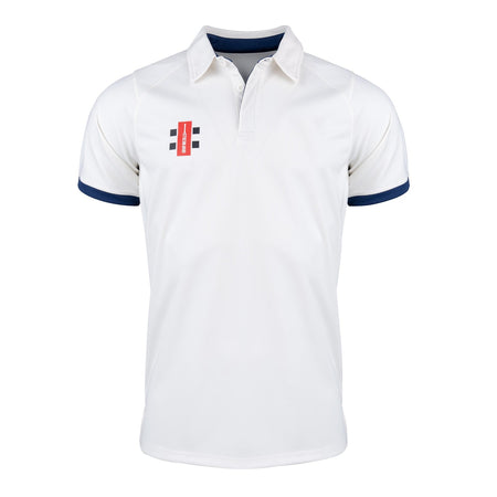 The Gray Nicolls Pro Performance V2 S/S Cricket Shirt is a white slim fit shirt with a navy British collar and sleeve cuffs, breathable punch hole technology, and a small red and black logo on the left chest. Brand: Gray Nicolls.