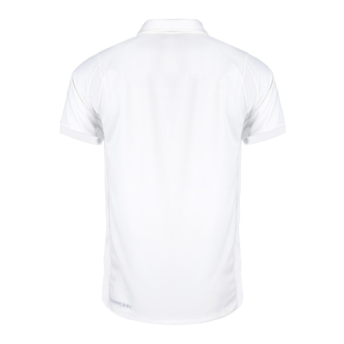 White short-sleeve collared shirt shown from the back, featuring a plain design with no visible patterns or logos except for a subtle "Rockhampton CC Pro Performance Short Sleeved Shirt - Junior" marking by Gray Nicolls near the bottom hem.