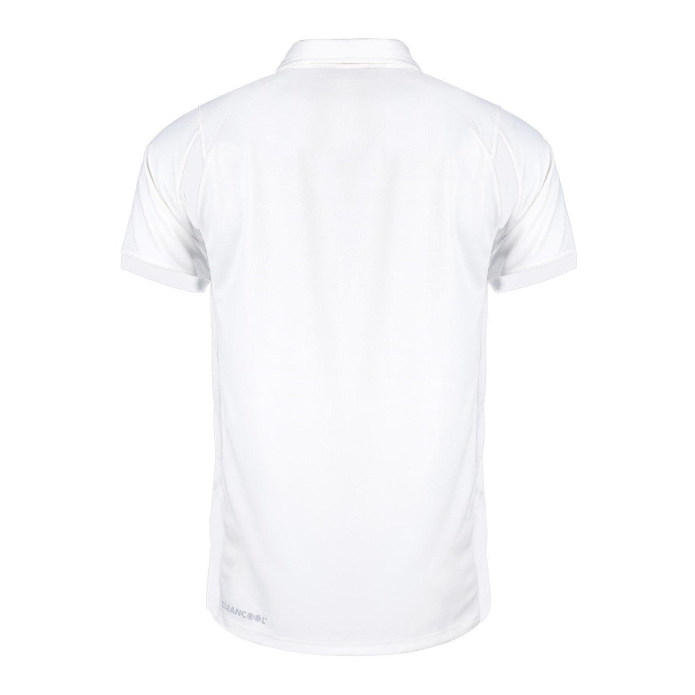 White short-sleeve collared shirt shown from the back, featuring a plain design with no visible patterns or logos except for a subtle "Rockhampton CC Pro Performance Short Sleeved Shirt - Junior" marking by Gray Nicolls near the bottom hem.
