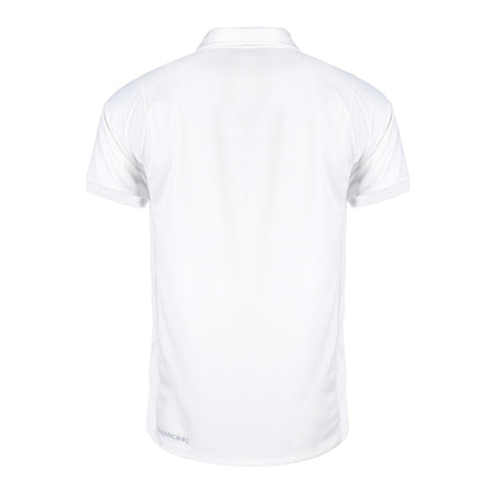White short-sleeve collared shirt shown from the back, featuring a plain design with no visible patterns or logos except for a subtle "Rockhampton CC Pro Performance Short Sleeved Shirt - Junior" marking by Gray Nicolls near the bottom hem.