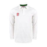 An ivory/green Gray Nicolls Pro Performance V2 L/S Cricket Shirt with a collar, buttons, and a small logo on the left chest is shown against a plain white background.