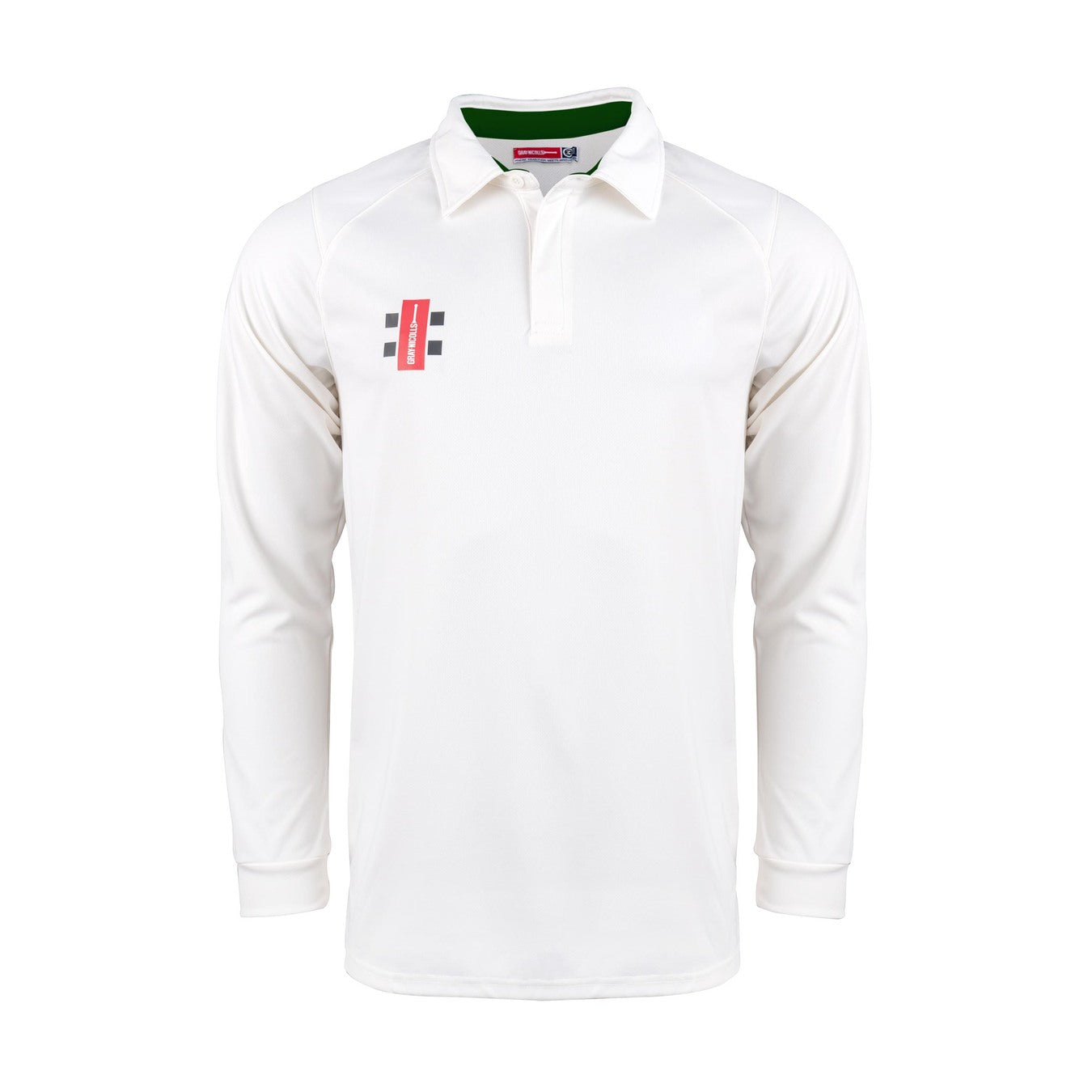 An ivory/green Gray Nicolls Pro Performance V2 L/S Cricket Shirt with a collar, buttons, and a small logo on the left chest is shown against a plain white background.