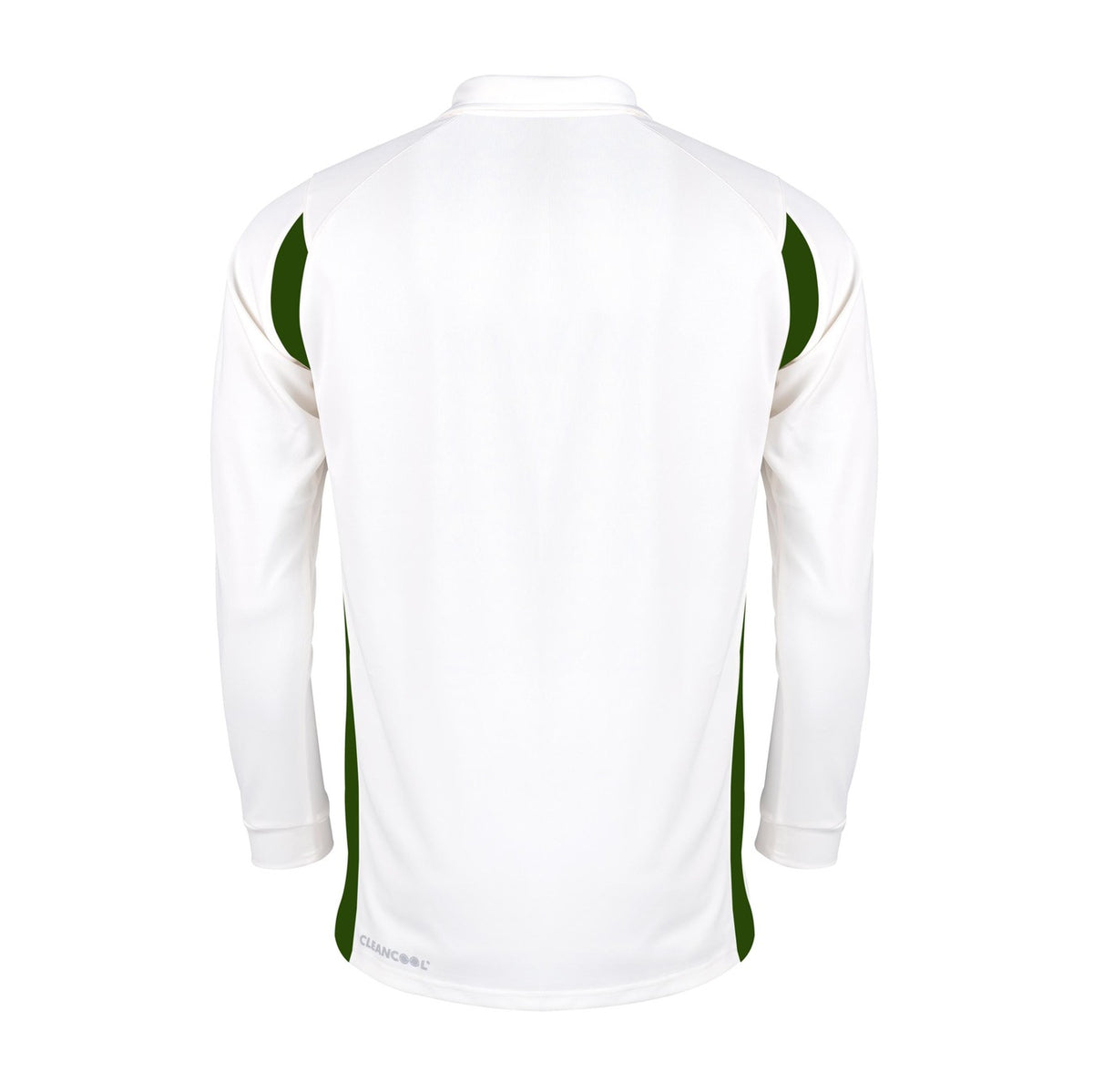 The Gray Nicolls Pro Performance V2 L/S Cricket Shirt, a white long-sleeve top with dark green side panels, is shown from the back against a plain white background.
