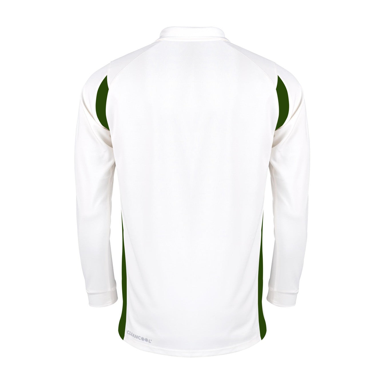 The Gray Nicolls Pro Performance V2 L/S Cricket Shirt, a white long-sleeve top with dark green side panels, is shown from the back against a plain white background.