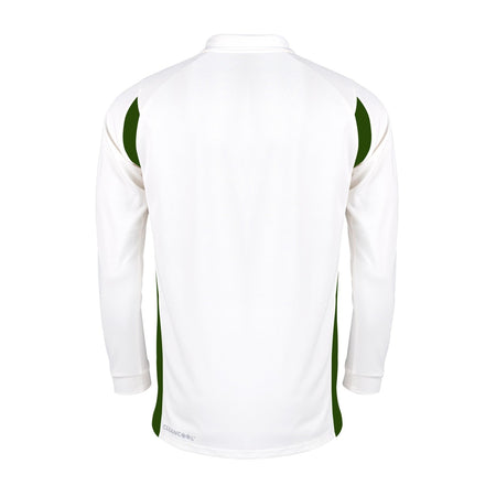 The Gray Nicolls Pro Performance V2 L/S Cricket Shirt, a white long-sleeve top with dark green side panels, is shown from the back against a plain white background.
