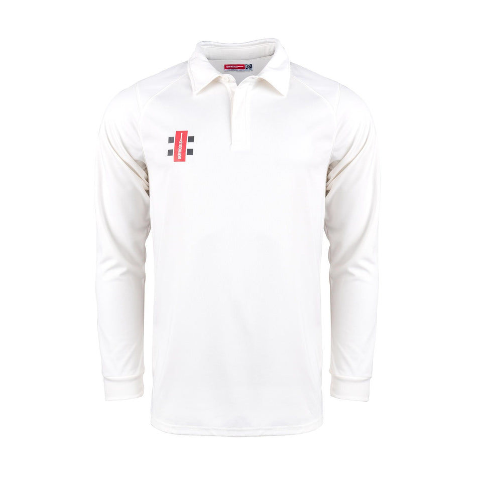 The Gray Nicolls Rockhampton CC Pro Performance Long Sleeve Shirt - Junior is a white collared cricket shirt with a short button placket, cooling fabric, and a small black and red rectangular logo on the upper left chest. Shown on a plain white background.