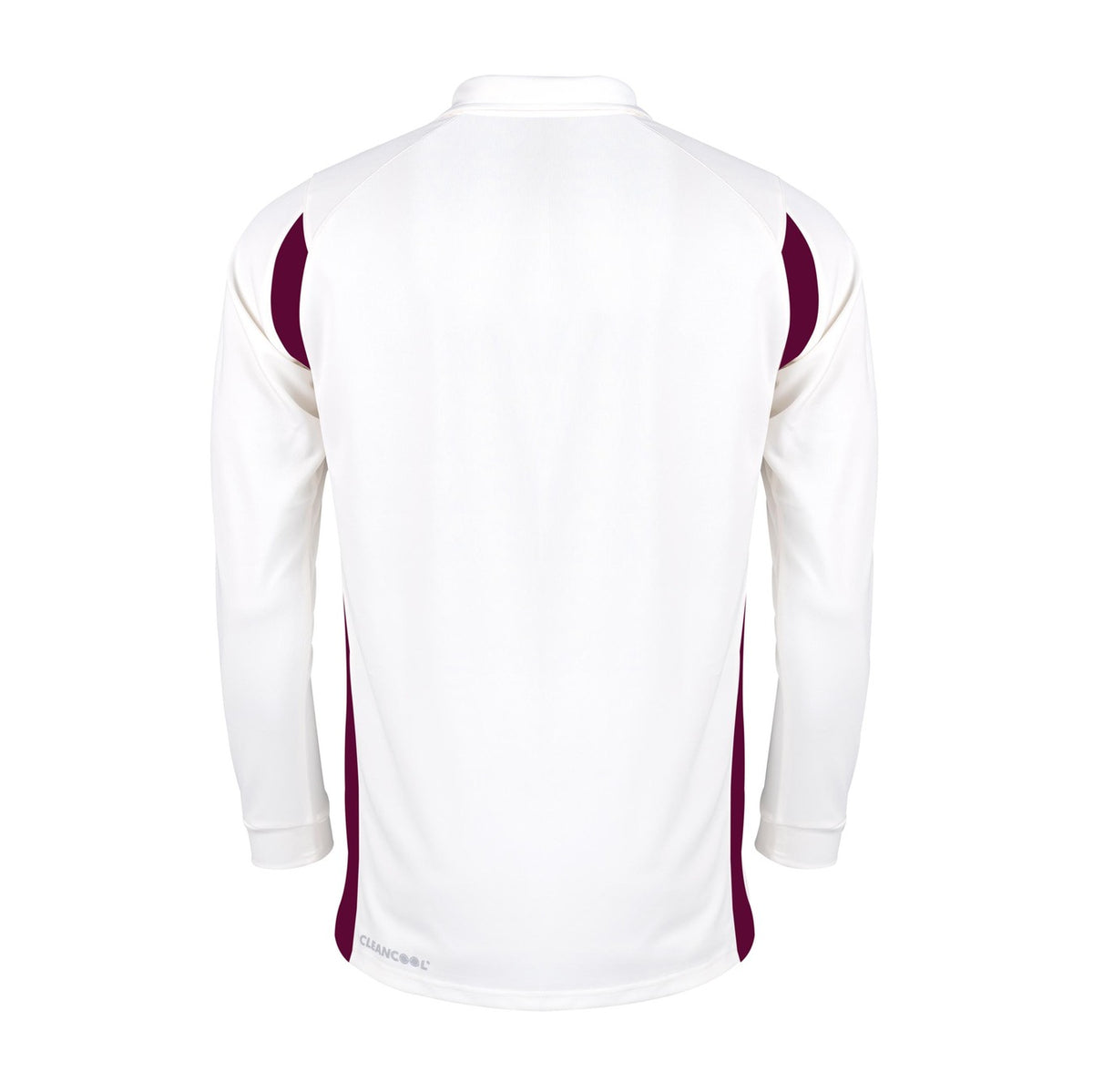 The Gray Nicolls Pro Performance V2 L/S Cricket Shirt, in Ivory/Maroon, is shown from the back with maroon panels on the sides and shoulders. It features a crew neck and a logo-free design for a sleek, athletic appearance.