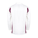 The Gray Nicolls Pro Performance V2 L/S Cricket Shirt, in Ivory/Maroon, is shown from the back with maroon panels on the sides and shoulders. It features a crew neck and a logo-free design for a sleek, athletic appearance.
