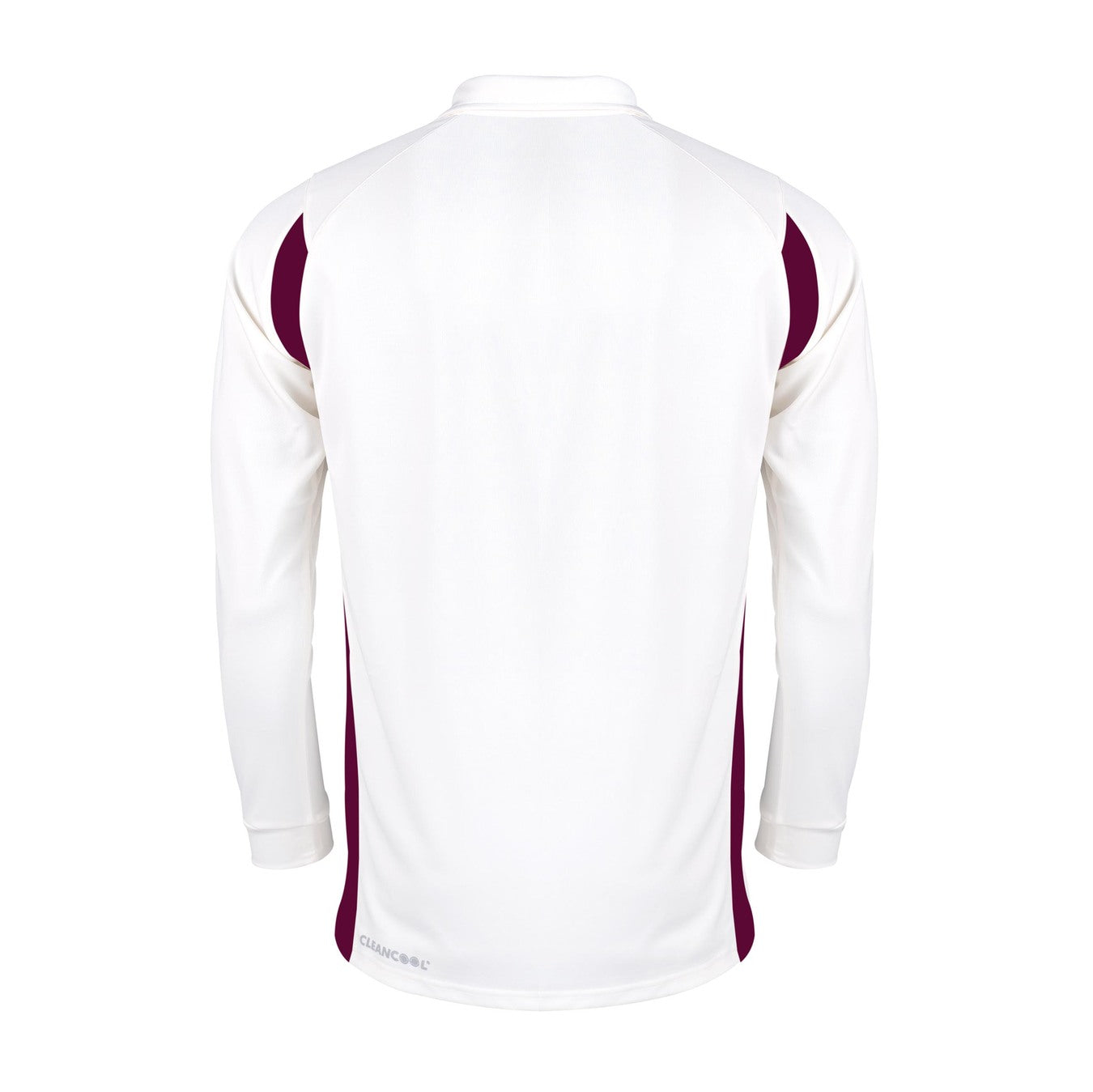 The Gray Nicolls Pro Performance V2 L/S Cricket Shirt, in Ivory/Maroon, is shown from the back with maroon panels on the sides and shoulders. It features a crew neck and a logo-free design for a sleek, athletic appearance.
