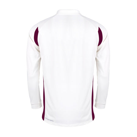The Gray Nicolls Pro Performance V2 L/S Cricket Shirt, in Ivory/Maroon, is shown from the back with maroon panels on the sides and shoulders. It features a crew neck and a logo-free design for a sleek, athletic appearance.