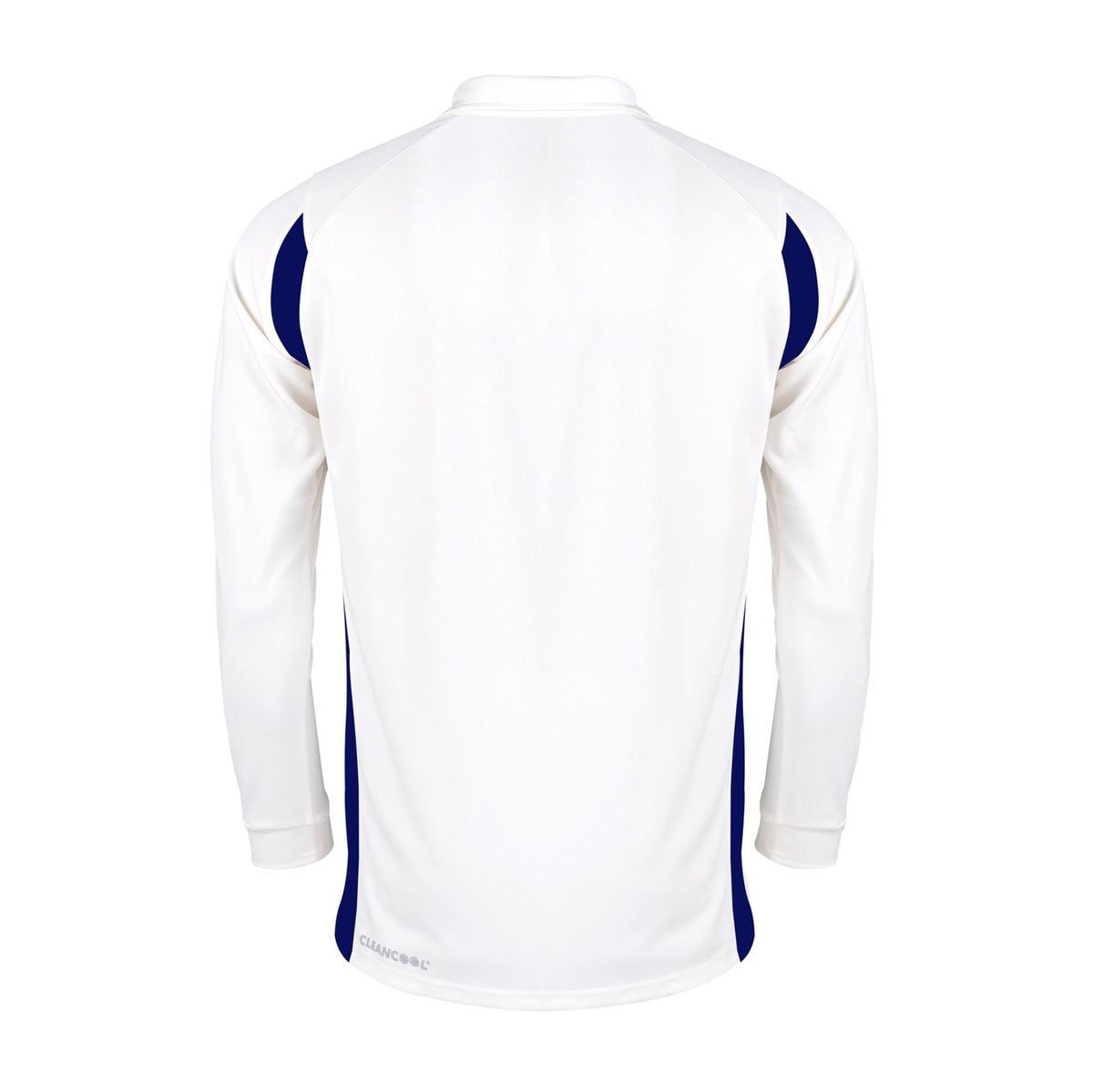 The Gray Nicolls Pro Performance V2 L/S Cricket Shirt, by Gray Nicolls, is shown from the back in Ivory/Navy with navy side panels and shoulder accents, made from CleanCool fabric for a comfortable fit.
