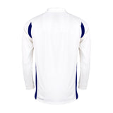 The Gray Nicolls Pro Performance V2 L/S Cricket Shirt, by Gray Nicolls, is shown from the back in Ivory/Navy with navy side panels and shoulder accents, made from CleanCool fabric for a comfortable fit.