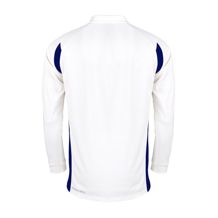 The Gray Nicolls Pro Performance V2 L/S Cricket Shirt, by Gray Nicolls, is shown from the back in Ivory/Navy with navy side panels and shoulder accents, made from CleanCool fabric for a comfortable fit.